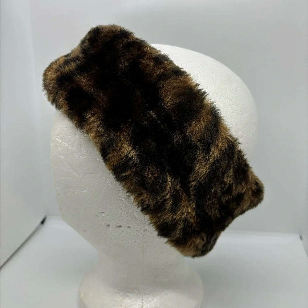 Vintage Glam Y2K Leopard Faux Fur Headband Hat - Brown Black - One Size